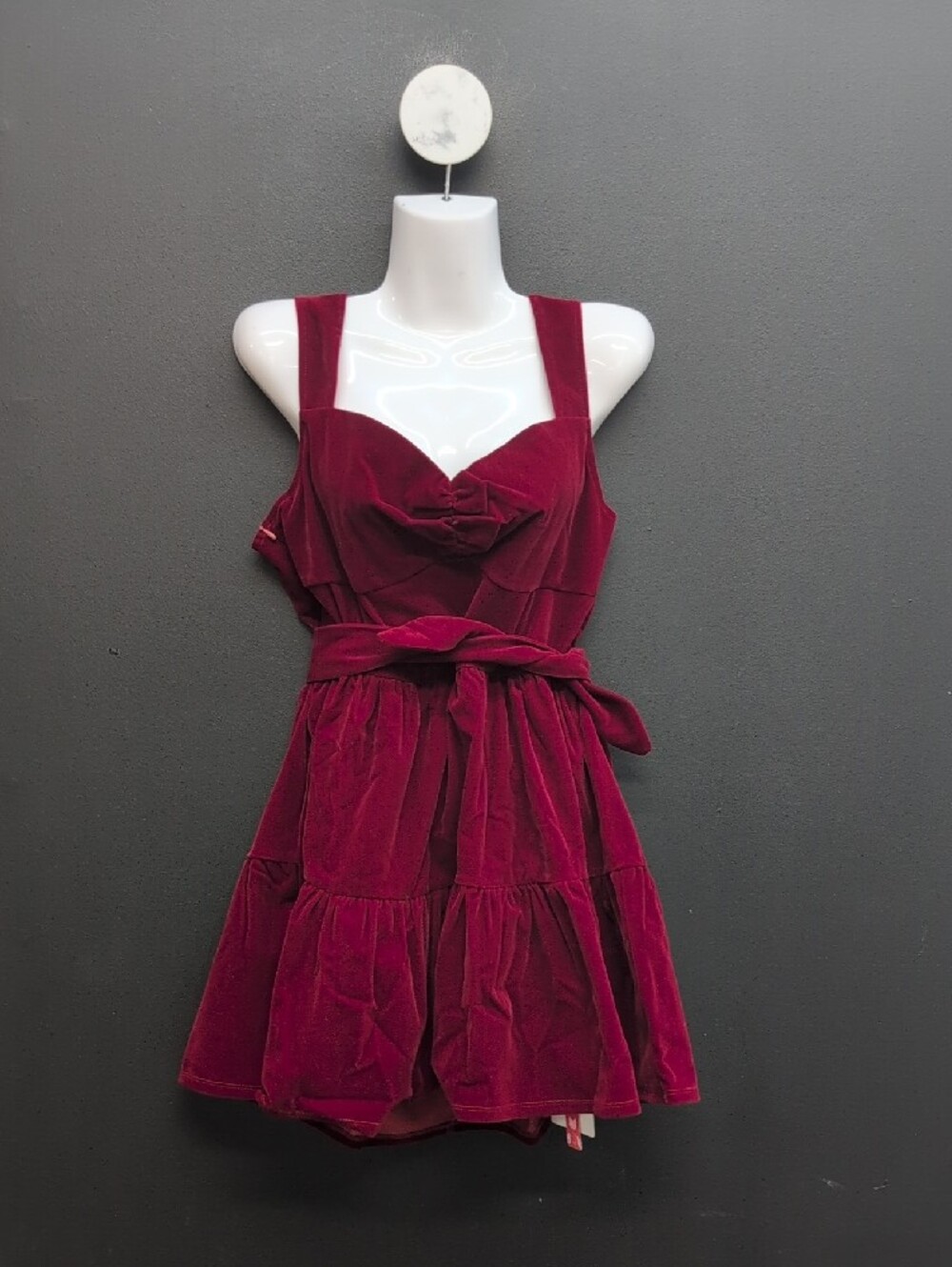 Cider Sweetheart Neck Bowknot Tiered Ruffle Hem Velvet Mini Dress Large Wine Red